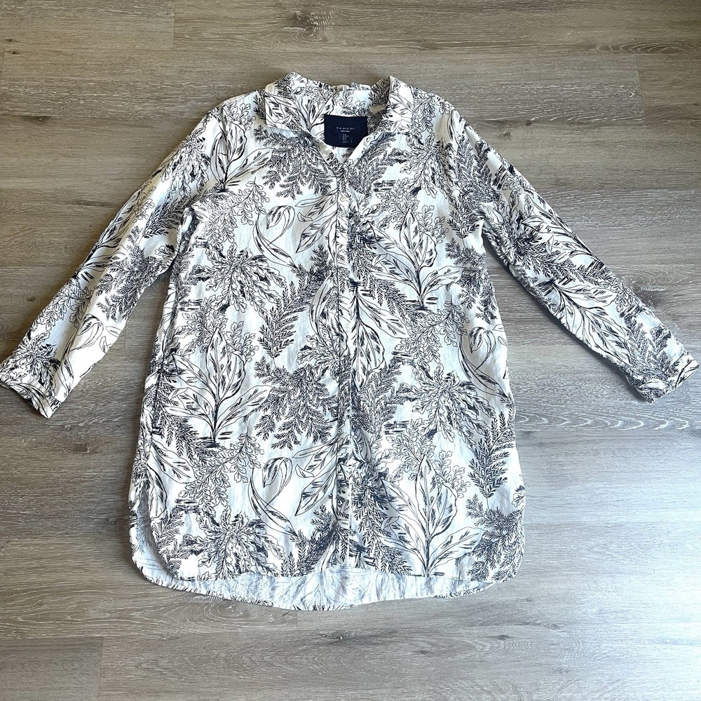 Tahari Linen Shirt Dress Womens XL Tropical Leaf Print Coastal Casual Resort